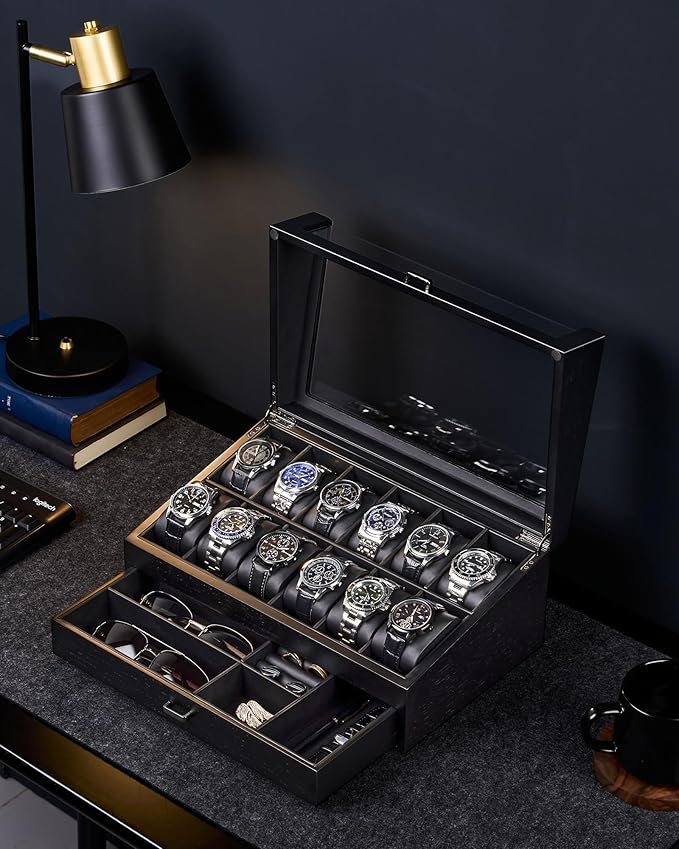ProCase Wooden Watch Box for Men, Wood Watch Display Case Men's Jewelry Organizer Box with Drawer -12 Slot, Black