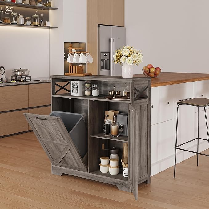 Tilt Out Trash Can Cabinet for 13 * 1 Gallon Trash Can, Farmhouse Kitchen Island Cabinet with Adjustable Shelf for Hidden Laundry Basket, Dog Proof Garbage Can for Dining Living Room, Grey