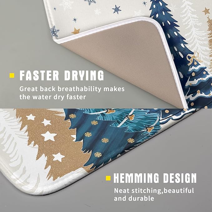 Christmas Tree Dish Drying Mat for Kitchen Counter 18x16 Inch Xmas Snowflake Drying Mat with Absorbent Reversible Microfiber House Blue Trees Dish Drainer Mats Rack Pad for Coffee Countertop Protector