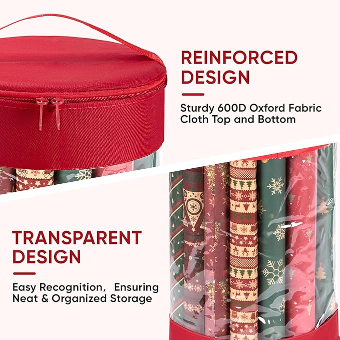 BALEINE Christmas Wrapping Paper Organizer Storage, 41" Gift Wrapping Paper Storage Containers, Clear PVC with Durable 600D Oxford Fabric Gift Wrap Paper Holder Fits 18-25 Rolls, Red