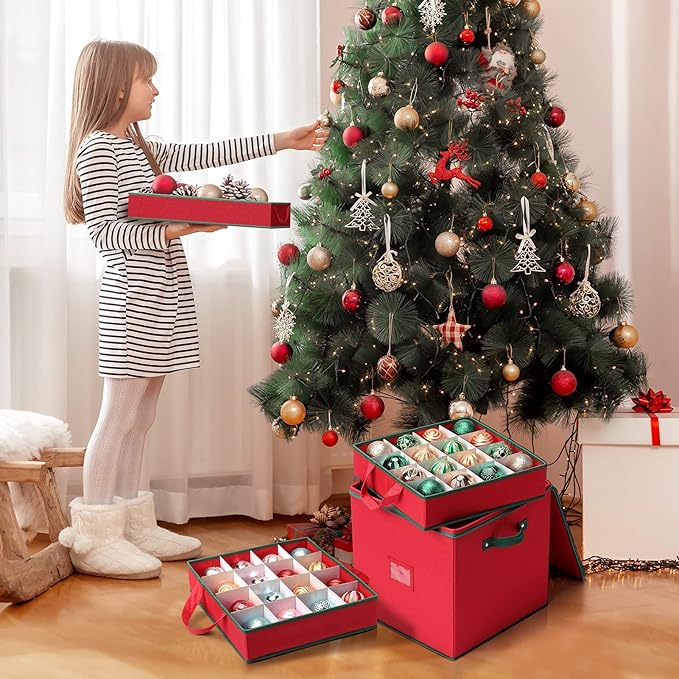 MaidMAX Christmas Ornament Storage Box Holiday Decoration Organizer, 64 Christmas Ball Accessories Holder with Adjustable Dividers, Zippered Closure, 4 Removable Trays, 600D Oxford, 12.9x12.9x13