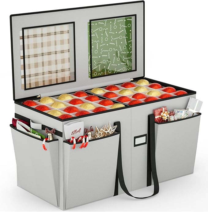 VERONLY Christmas Ornament Storage Box with 8 Trays, Christmas Storage Container for 128-3'' Holiday Ornament Decorations, Large Xmas Organizer with Adjustable Dividers, Dual Zipper and Pocket
