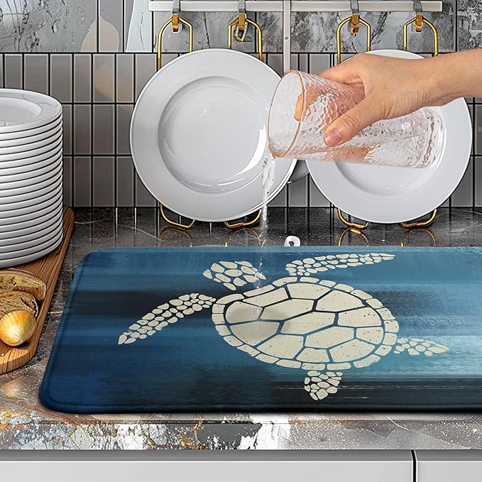 Wnoesat Sea Turtle Dish Drying Mats for Kitchen Counter 18x24 Inch Summer Ocean Animal Microfiber Absorbent Dish Drainer Rack Mats Navy Blue Large Dish Pad with Hanging Loop