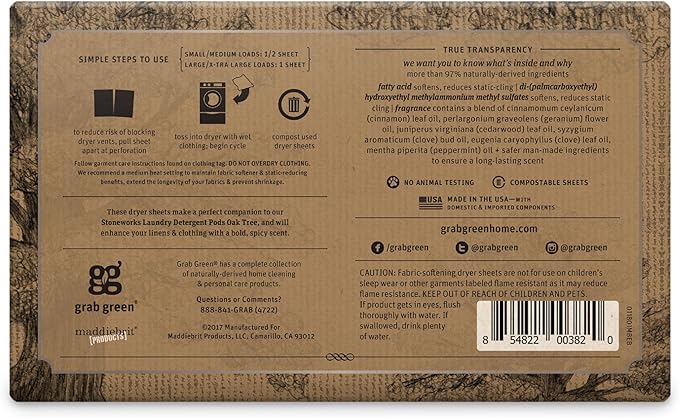 Grab Green Stoneworks Cruelty-Free Dryer Sheets | Softens Fabrics, Freshens Clothing & Reduces Static-Cling and Wrinkles | Plant Based | Oak Tree Scent (80 Sheets)