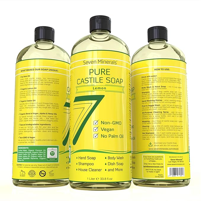 Seven Minerals Pure Castile Soap, Lemon - No Palm Oil, GMO-Free - Gentle Liquid Soap For Sensitive Skin & Baby Wash - All Natural Vegan Formula with Organic Carrier Oils (33.8 fl oz)