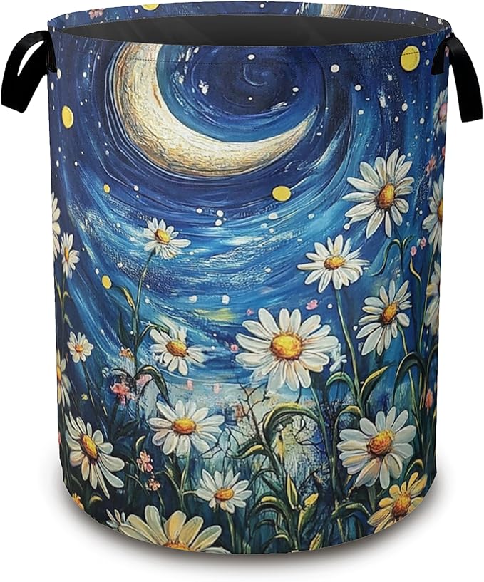 Watercolor Flowers Laundry Basket,Night Starry Sky Collapsible Laundry Baskets with Handles,Waterproof Oxford Cloth Storage Basket 16"x20" for Bathroom/Bedroom/Dormitories