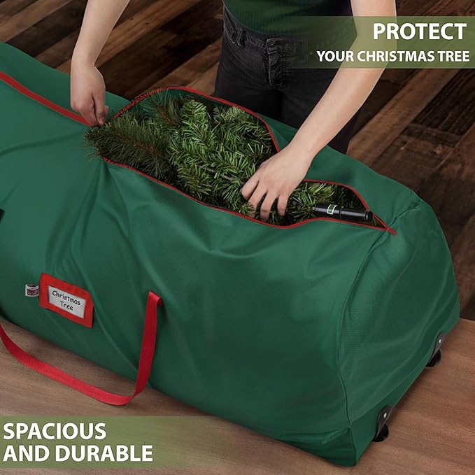 Holiday Cheer Christmas Tree Storage Bag with Wheels – Heavy Duty Christmas Tree Bag Fits Up to 7.5ft Tall Artificial Tree, Waterproof, Durable Handles & Zipper – Xmas Tree Storage Bag (Green)