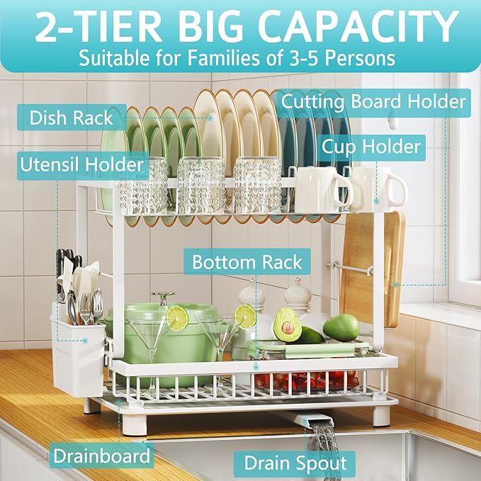 Nfnoyp Multifunctional Dish Drying Rack - Rustproof, 2-Tier Dish Racks with Drainboard, Space-Saving Design, Utensil & Cup Holder for Kitchen Counter, White