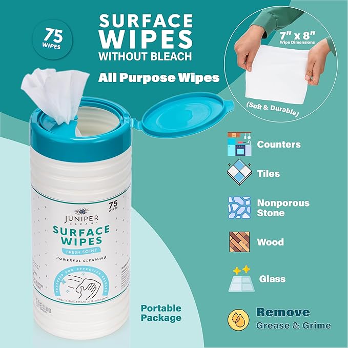 Juniper CLEAN 6 Pack Surface Cleaning Wipes Bleach Free, All-Purpose Cleaner for Bathroom, Kitchen, Office, 450 Count Canister, 7.5" x 7" Sheet, Fresh Scent, Lint Free & Durable