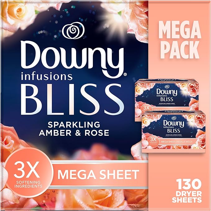 Downy Infusions Mega Dryer Sheets, Laundry Fabric Softener, BLISS, Amber and Rose, 130 Count