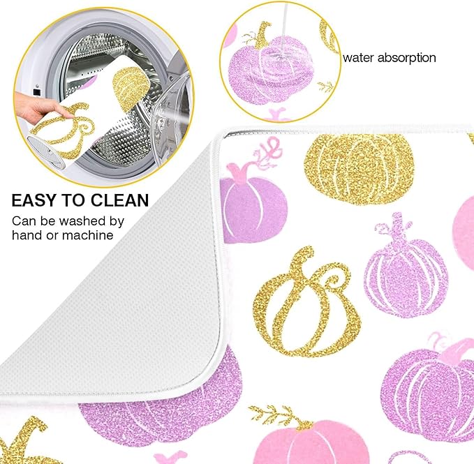Pumpkin Pink Purple Dish Drying Mat for Kitchen Countertop 18x24 Fall Rectangle Large Drying Mat Reusable Quick Dry Dish Sink Absorbent Mats Dishwasher Easy Clean Decorative Home Decor Essentials