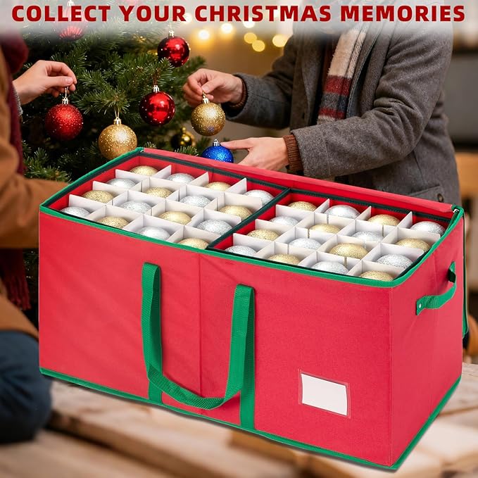 JY COOKMENT Christmas Ornament Storage Box with Adjustable Dividers and Side Pockets, Large Ornaments Storage Container Bin with Zippered Top for Xmas Decorations (128-3" Balls, Red, With Tray)