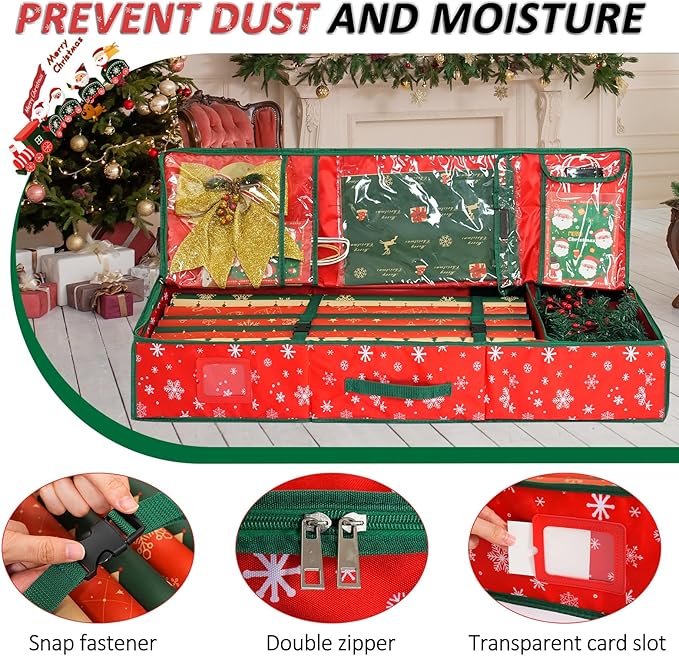 42'' Christmas Wrapping Paper Storage Organizer 600D Oxford Fabric Xmas Accessories Containers Bag Durable Fabric, Accessory Pockets for Ribbons, Gift Wrap Storage Bin（Red）