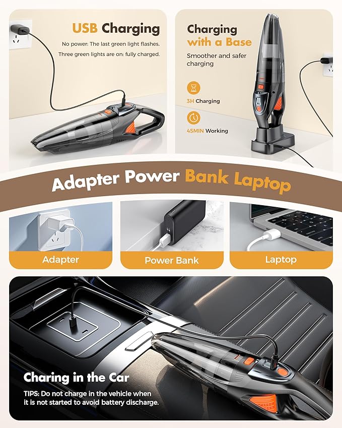 Handheld Vacuum Cordless 25000PA Powerful Suction, Portable Car Vacuum, 3 in 1 Hand Held Vacuum Rechargeable 8000mAh with LED Light, HEPA Filter, Home, Car Seats, Office, Pet Hair, Dust Buster
