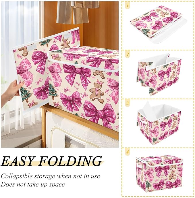 Bolaz Storage Bins with Lids and Handles,Cookie Bow Christmas Tree Pattern Storage Box Basket with Cover Collapsible Organizer Containers for Home Closet, Shelves