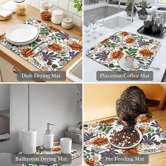 Quick Absorbent Kitchen Drying Mat - Stylish Patterns Dish Drying Mat- 16×18 Inch & 18×24 Inch Kitchen Drainer Mat for Countertops, Dishes & Glassware