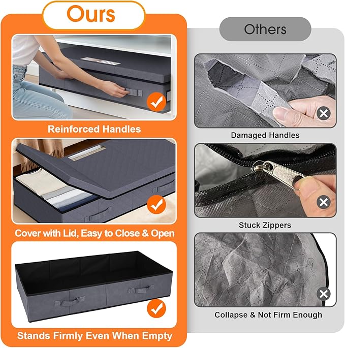 StoreHappily Under Bed Storage Containers with Lids - 2 Pack, Foldable and Stackable Clothes Storage Bags with Clear Window, 3-Sided Handles and Label Slot for Clothing, Blankets, Pillows (Grey)