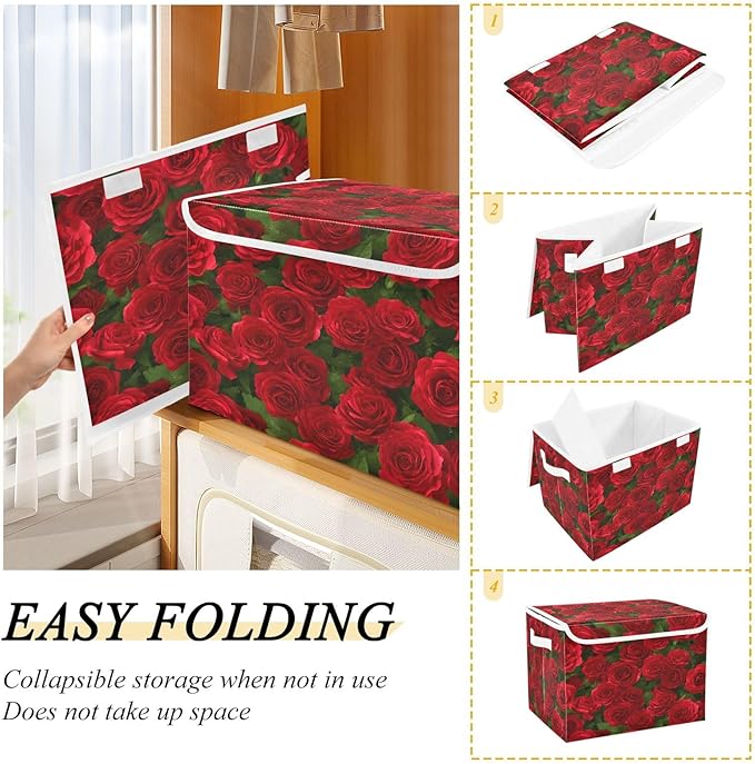 Bolaz Red Rose Leaves Pattern Storage Bins with Lids and Handles, Foldable Storage Box Storage Basket with Cover Collapsible Organizer Containers for Home Closet, Shelves