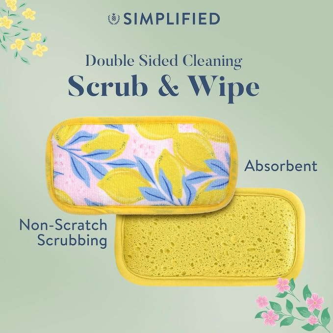Simplified 5-Pack Scrub & Wipe 2-in-1 Dishwashing Sponges - Non-Abrasive Cleaning Sponges, Double-Sided - Safe for Dishes, Non-Stick Pans or Glassware, Absorbent Dish Sponges, Yellow Leaves