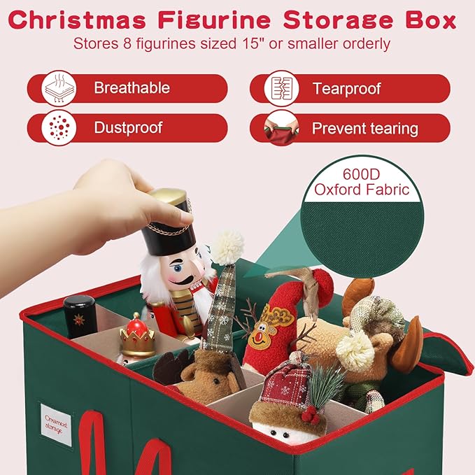 Christmas Nutcrackers Storage Box Stores 8 Figurines and Nutcrackers Sized 15 Inches, Holiday Nutcrackers Organizer with Adjustable Dividers, Extra Pockets, 600D Oxford Fabirc, Durable Handle (Green)
