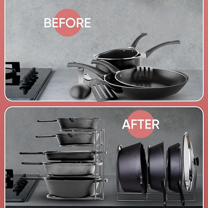 Extreme Matters Heavy-Duty Pots and Pans Organizer | 5-Tier Cookware & Lid Storage Rack | Free-Standing or Wall-Mount | Kitchen Organizer for Cast Iron Skillets, Pots, Frying Pans, Lids | Chrome