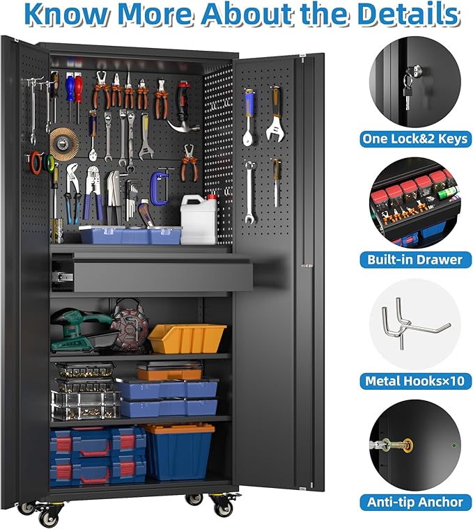 Aobabo 71" H Metal Storage Cabinet with Wheels with 5 Pegboards and 1 Drawer,Lockable Steel Tool Cabinet for Garage,Warehouse,Assembly Required,Black