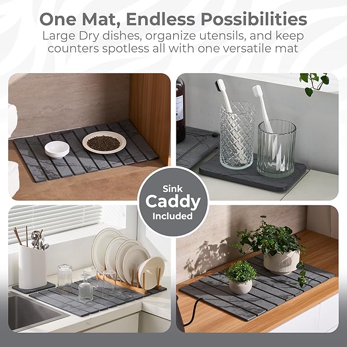 Large Stone Dish Drying Mat for Kitchen Counter, 2PCS Quick Dry Stone Dishes Mats, Foldable Water Absorbing Diatomaceous Earth Drying Pad for Bottles Dish Cups(Dark Gray 24"×16" & 8"x5")
