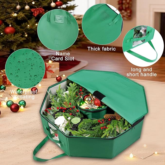 Wreath Storage Christmas Garlands Bag with Interior Pockets Large Xmas Container Box for Holiday Decorations Case with Dual Zipper and Handles Window Labeling Card Slot 24" Green