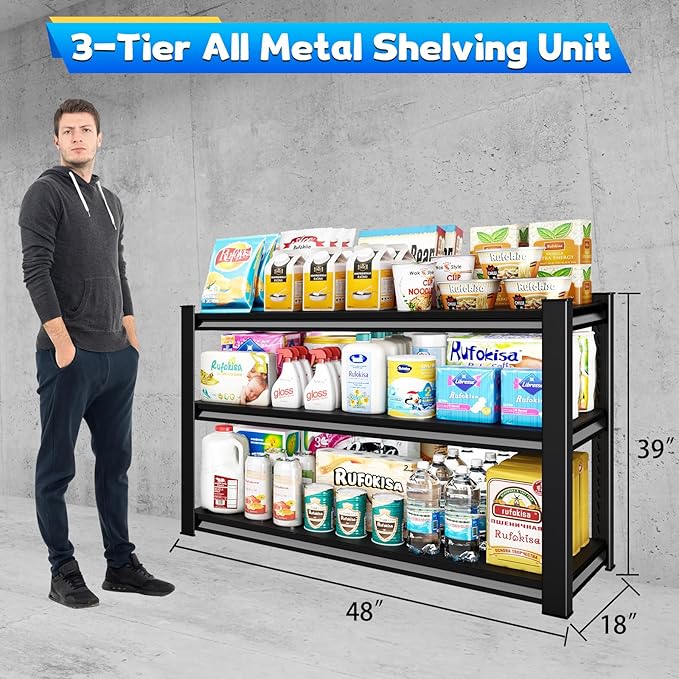 Rufokisa 3-Tier Garage Shelving Heavy Duty，48" W Metal Shelving Unit for Garage, 1650 lbs Load Capacity Utility Rack Shelves＆ Garage Shelves, 48”W x 18”D x 39”H(Black)