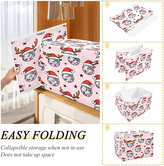 Christmas Disco Ball Santa Reindeer Storage Bins with Lids Foldable Storage Basket with Handles Collapsible Large Fabric Organizer Containers for Clothes Shelves Closet Office Home