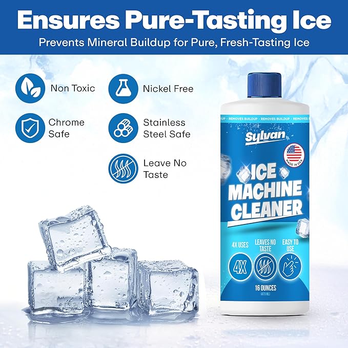 Sylvan Ice Machine Cleaner and Descaler | 16 oz | Free Cloth | Made in USA | Nickel Safe Ice Maker Cleaner and Descaler | Universal Compatibility for Commercial & Residential Ice Makers