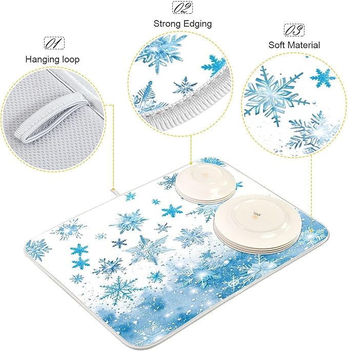 Winter Snowflake Blue Dish Drying Mat for Kitchen Countertop 18x24 Christmas Snowman White Xmas Large Drying Mat Reusable Quick Dry Dish Sink Mats Easy Clean Decorative Essentials