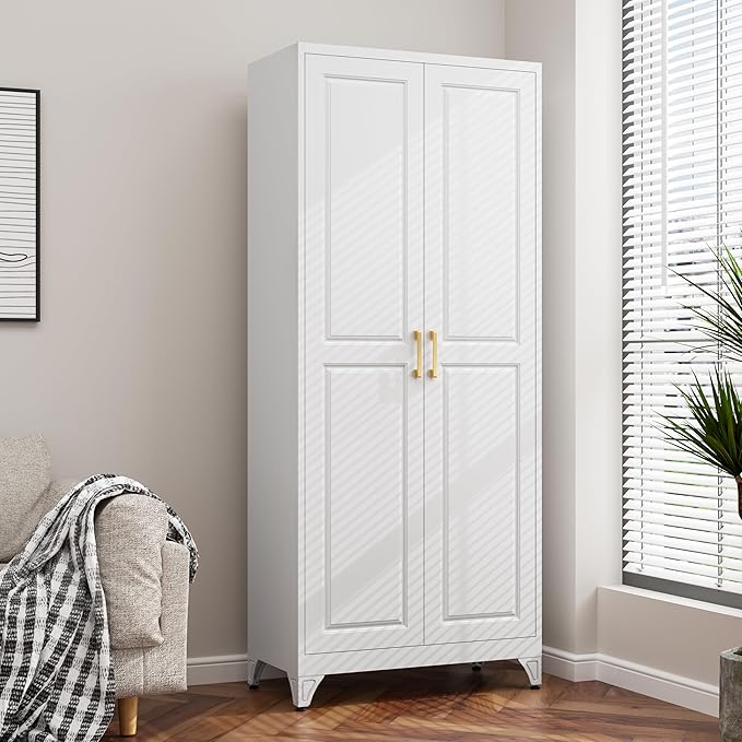 75” Metal Tall Kitchen Pantry Cabinet,Metal Storage Cabinet with Doors and Adjustable Shelves,Modern Kitchen Hutch Cabinets,Freestanding Cupboard for Dining Living Room