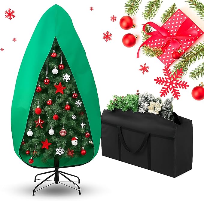 Upright Christmas Tree Bag 7.5 ft /8 ft Christmas Tree Covers for Upright Storage with Zipper & Adjustable Straps with Xmas Ornament Storage Bag Green(medium)