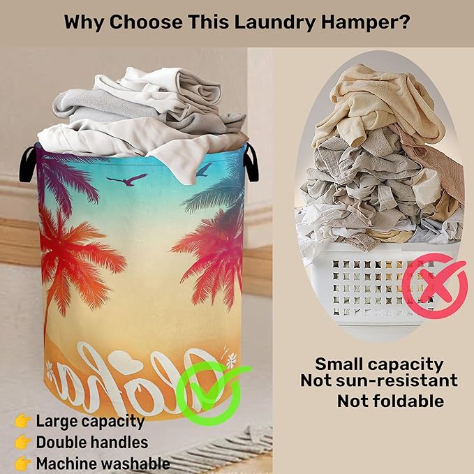 Hawaiian Sunset Foldable Canvas Laundry Basket with Handles - Storage Organizer, Heavy Duty for Home，Bedroom, Dorm, Bathroom
