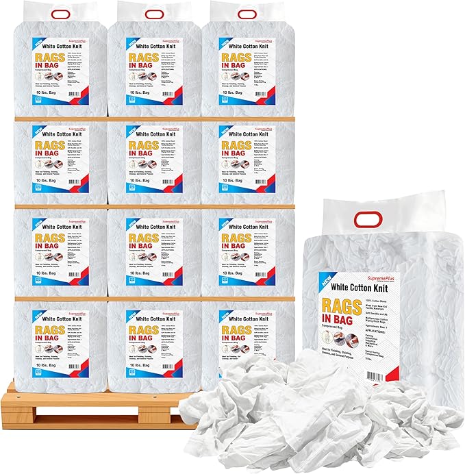 Premium White T-Shirt Cleaning Rags (600 lbs. Pallet 60x10 lbs. Bag of Rags) – White Cotton Rag for Cleaning, Staining, Painting, Oil, Grease & Dust Removal – Shop Rags Bulk