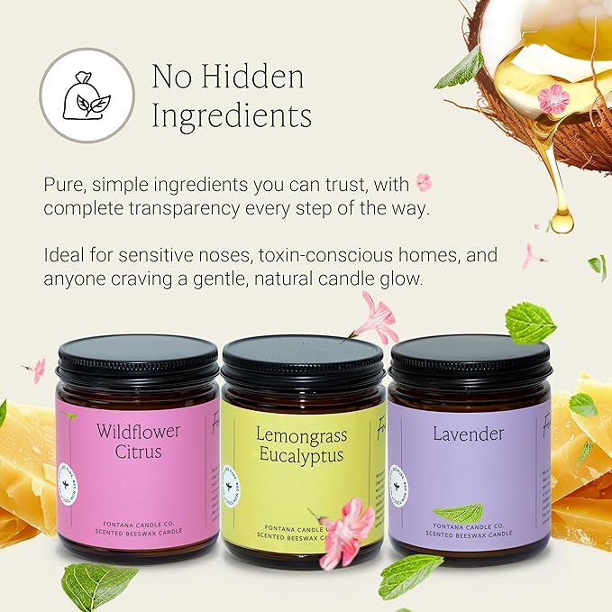 Fontana Candle Co Wood Wick Beeswax Jar Candles - 3-Jar Spring Bundle - Made with Coconut Oil & Pure Essential Oils – Clean Burn, Long Lasting and Non-Toxic Candles for Home & Room Decor