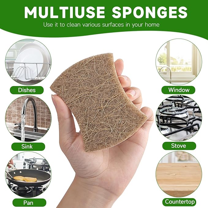 AEROZZ 10 Pack Biodegradable Natural Sponges Kitchen - Compostable Cellulose and Coconut Walnut Scrubber Sponge - Non Scratch Eco Friendly Quick Drying Sponges for Dishes