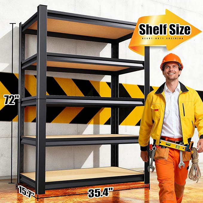 5-Tier 72”H Garage Shelving, Adjustable Garage Shelves, 2500 Lbs Storage Shelves Heavy Duty, Garage Shelf for Tool Organization, Storage Shelves for Basement, Warehouse, Black (72''H×35.4''W×15.7''D)