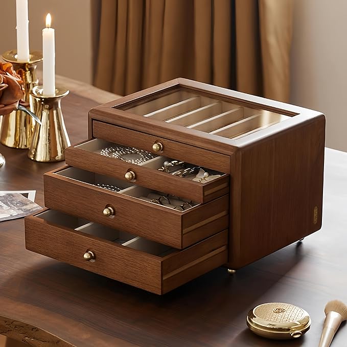 Solid Wood Jewelry Organizer,Vintage Jewelry Box for Women,4 Layer Wooden Box,Jewelry Storage with Glass Lid,Organizers and Storage for Rings,Earrings,Necklace,Watches,Gifts(No Mirror)