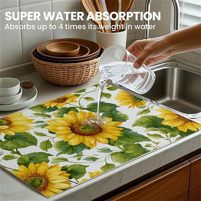 Dish Drying Mat For Kitchen Counter, Summer Sunflowers Microfiber Absorbent Dish Drainer Rack Pad Reusable Large 18x24in Drying Mat