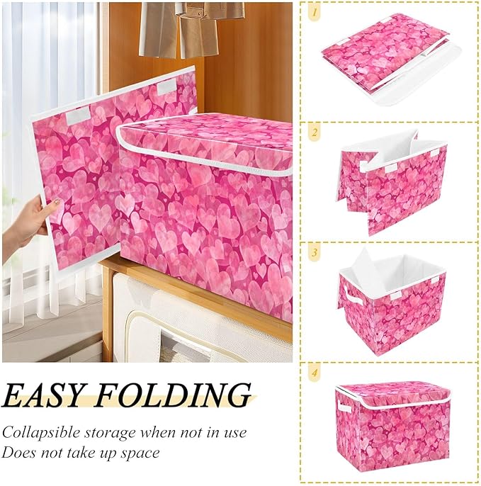 Bolaz Storage Bins with Lids and Handles,Valentines Day Pink Hearts Storage Box Storage Basket with Cover Collapsible Organizer Containers for Home Closet, Shelves