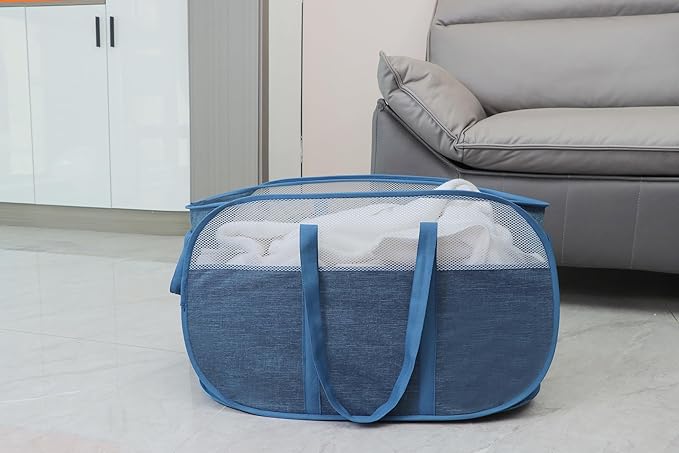 Pop Up Laundry Hamper，with Durable Handles collapsible laundry basket，Easy to Open and Fold for college Dorm,kids room，travel (black+blue)…