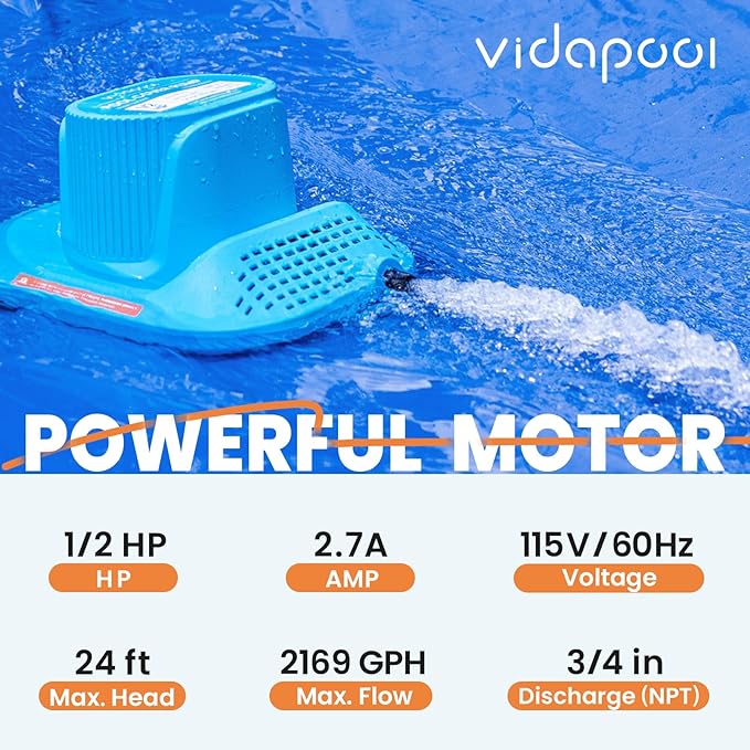 1/2 HP Pool Cover Pump Automatic On Off, Submersible Sump Pump Inground/Above Ground, 2169 GPH Water Removal Pump with 25 Feet Power Cord for Swimming Pool, Pond, Basement, Window Well