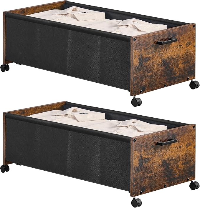 Under Bed Storage with Wheels, Wooden Under Bed Drawers On Wheels, Rolling Under Bed Shoe Storage, Space Saving, Rustic Brown,Quadruple Size,90L