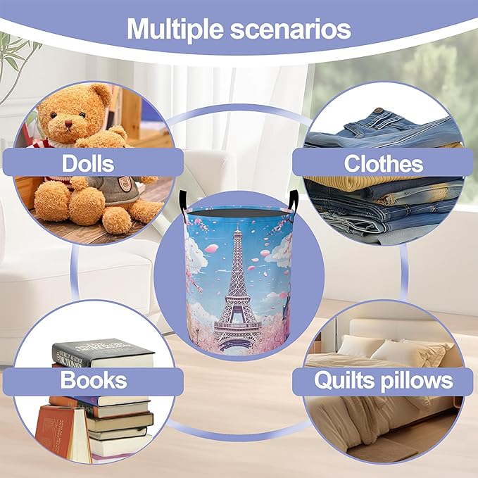 Romantic Eiffel Tower Laundry Basket, Cherry Blossoms Oxford Cloth Laundry Hamper With Handle Foldable Portable Clothes Storage Basket Storage Bag For Laundry Room/Bathroom/Bedroom/Dormitories