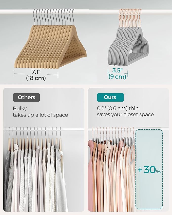 SONGMICS Slim Velvet Hangers, Non-Slip Clothes Hangers with Rose Gold Swivel Hooks, Space-Saving, for Closet, 50 Pack, Dove Gray UCRF026G50