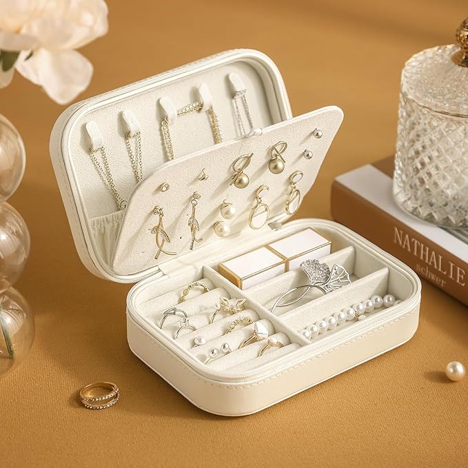CASEGRACE Travel Jewelry Case, Double Layer Travel Jewelry Organizer for Necklace Earring Rings Jewelry Display Case for Women, White