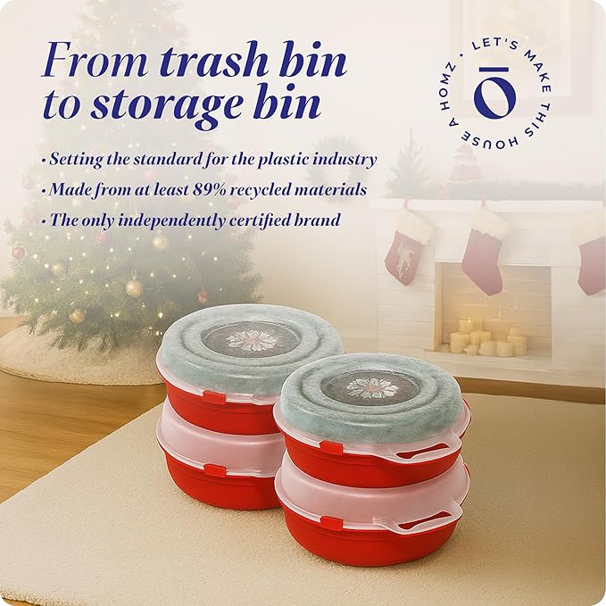 HOMZ 6-Pack Seasonal Holiday, Decorative Wreath Storage Organizer, 24 Inch, Red & Clear - Stackable Plastic Containers for Christmas Ornament Decorations