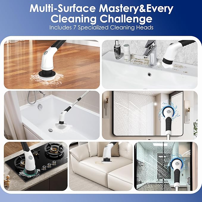 Cordless Electric Spin Scrubber, IPX7 Waterproof Rechargeable Power Cleaning Brush with 4000mAh Battery, 210min Runtime, 7 Brush Heads, 3 Adjustable Speeds, for Shower, Tub, Tile, Kitchen, Floor